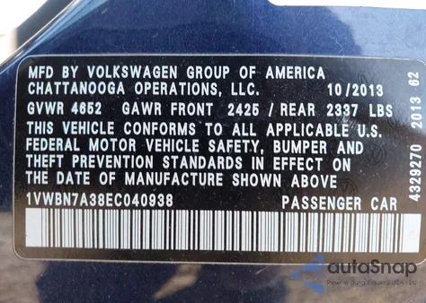 2014 Volkswagen Passat 2.0L Tdi Se from USA, damaged, VIN 1VWBN7A38EC040938